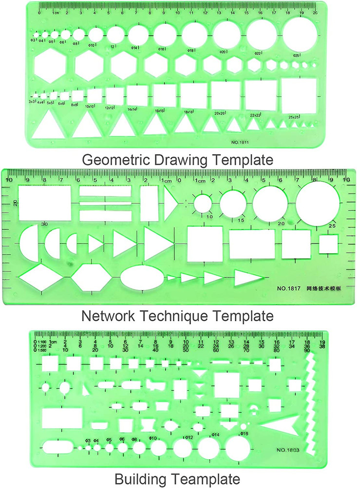 11PCS Geometric Drawings Templates, Drafting Stencils Measuring Tools, Plastic