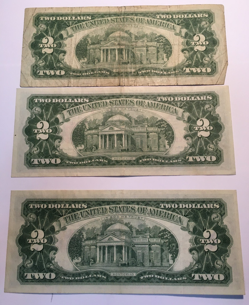 1963 $ 2.00 United States Notes RED SEAL 3 Notes, Circulated Condition
