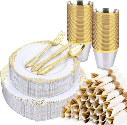 3PCS and Gold Plastic Plates, Plastic Dinnerware Set for Guests, 100 50 White