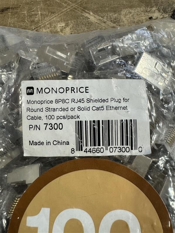 Monoprice 8P8C RJ45 Shielded plug for Round Stranded or Solid Cat5 Ethernet
