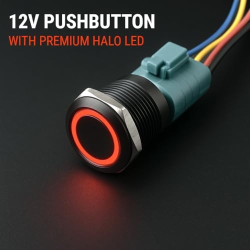 Black Aluminum Push Button Switch 22mm with Socket, 3A 12vDC Ring Latching Red