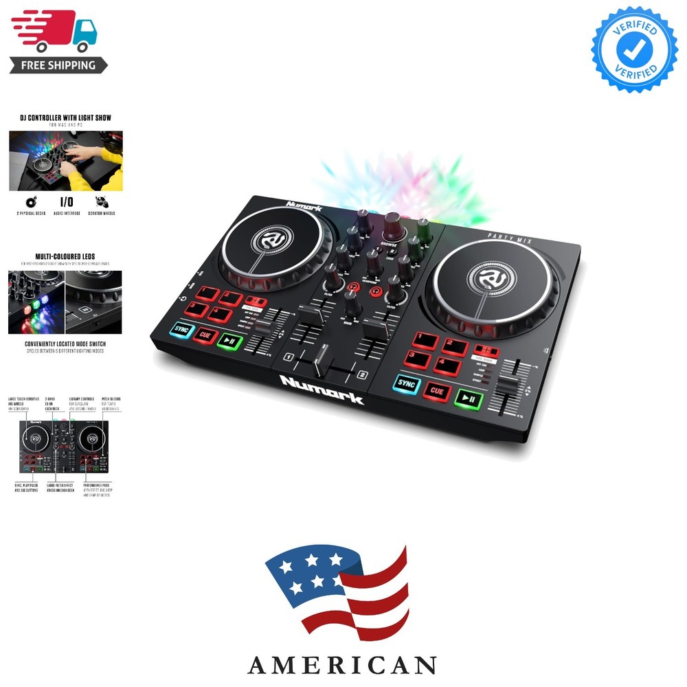 Party Mix II DJ Controller with Lights, 2 Decks, Mixer, Audio Interface and