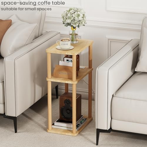 Solid Wood Side Table with Charging Station, 3-Tier Small End Table Natural