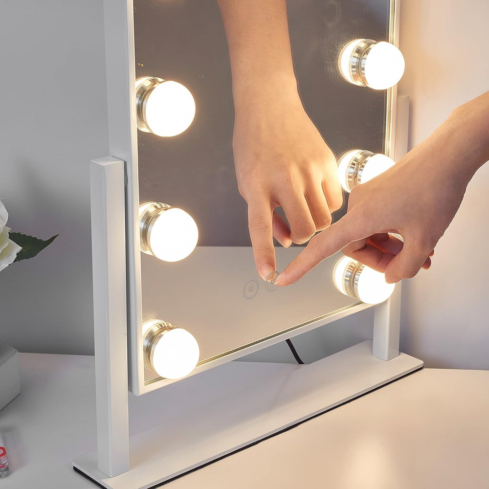 Lighted Vanity Mirror with 9 Dimmable Bulbs and 10X Magnification, White