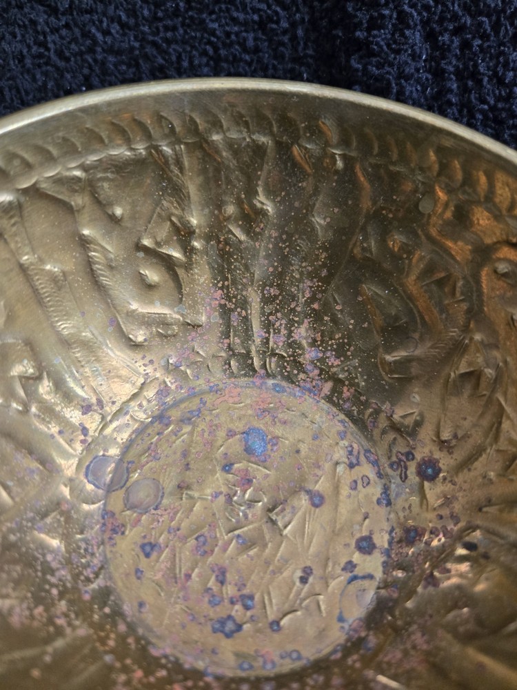 Vintage Middle Eastern Brass Bowls Pair, Engraved Arabic Script, 4.5" Alms