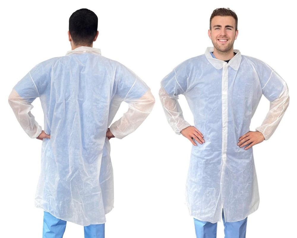 White Disposable Lab Coats Polypropylene Hook Loop 50 Count 2XL 44 in