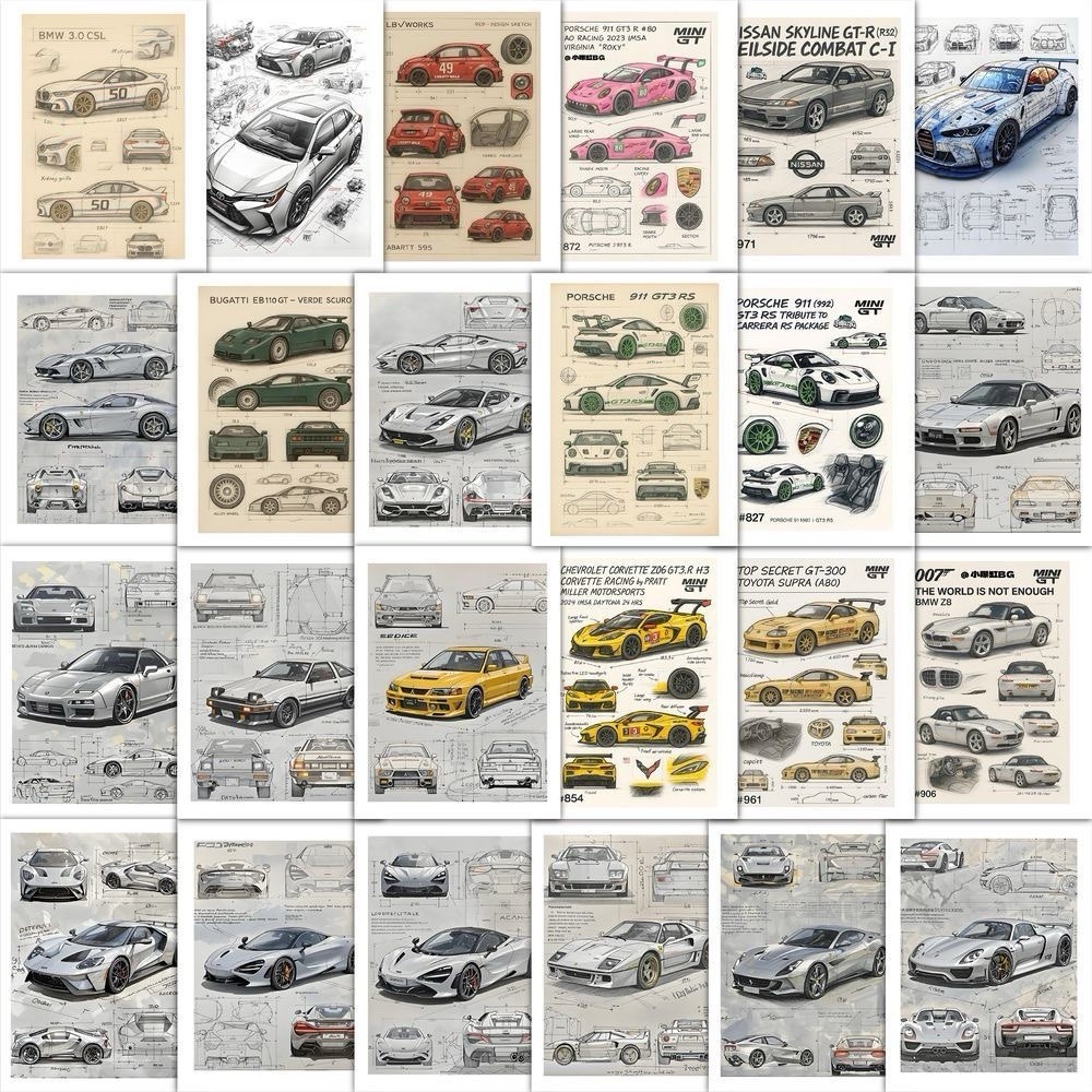 30Pcs Mixed Sport Car Technical Drawing Design Car Blueprint Automobile Sticker