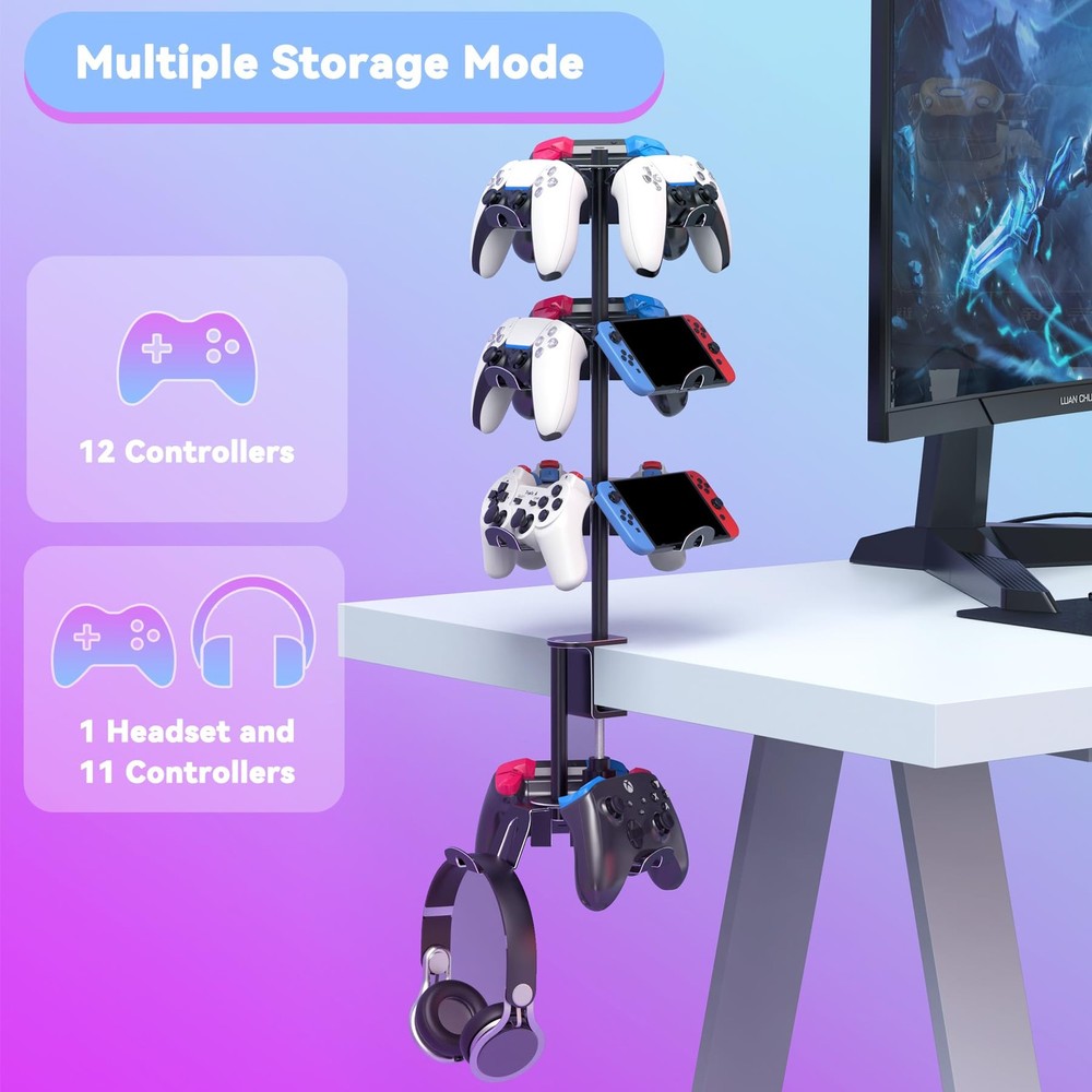 Rotatable 4 Tier Desk Clamp Controller Headset Stand, Universal Under Desk Co...