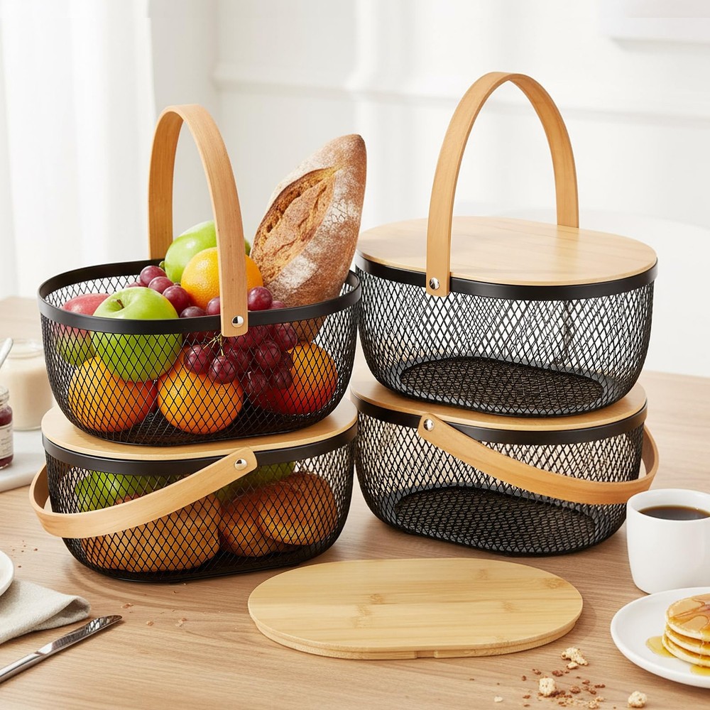 4 Pcs Stackable Metal Mesh Fruit Basket with Lid Oval Wire Mesh Storage Baske...