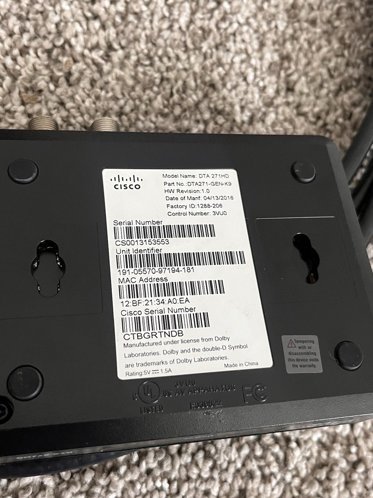 Cisco DTA 271HD Cable Box w/ Power Adapter & Coax Cable