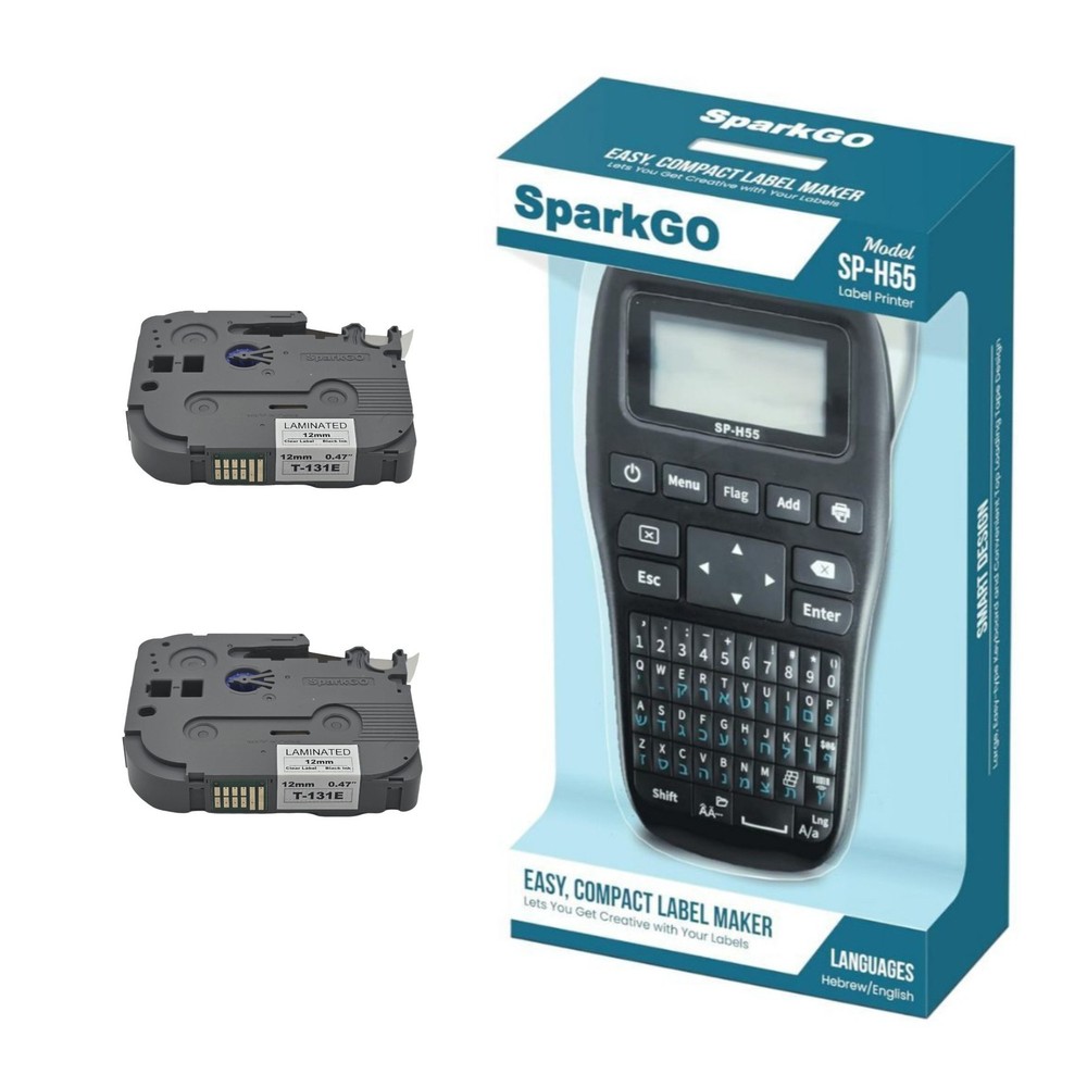 SparkGo SP H55 Handheld Hebrew English Black Label Maker Tape Bundle
