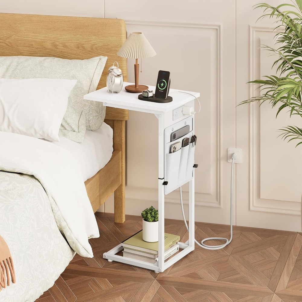 End Table W/ Charging Station Adjustable Height Side Table Couch Small C Shaped