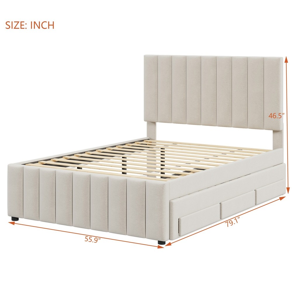 Full Size Bed Frame Upholstered Platform Bed w/ Pull Out Trundle & 3 Drawers