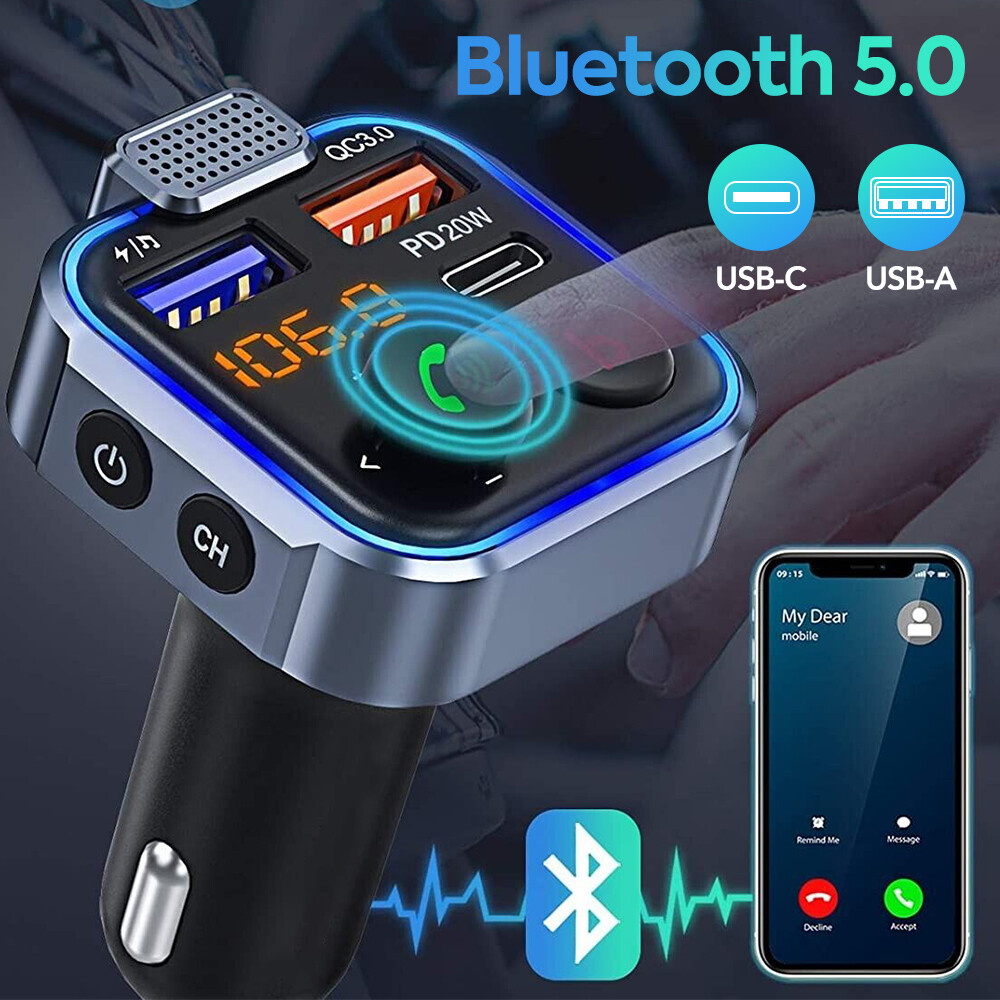 Bluetooth 5.0 Car Wireless FM Transmitter Adapter 2 USB PD Charger Hands-Free