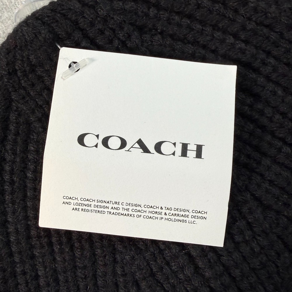Coach Black Wool Knit Beanie Hat Womens Logo Patch Classic Solid One Size NWT