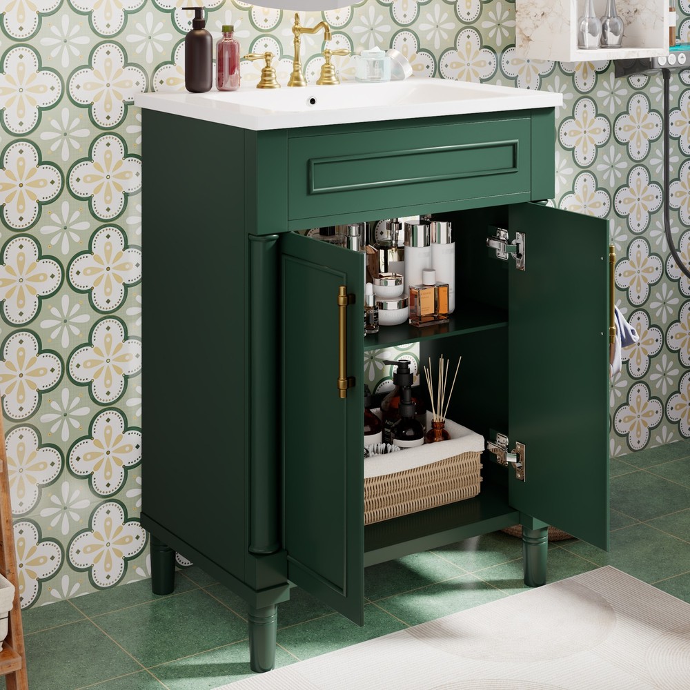 24 in Small Bathroom Vanity w/ Ceramic Sink & 2 Doors, Solid Wood&MDF, Green