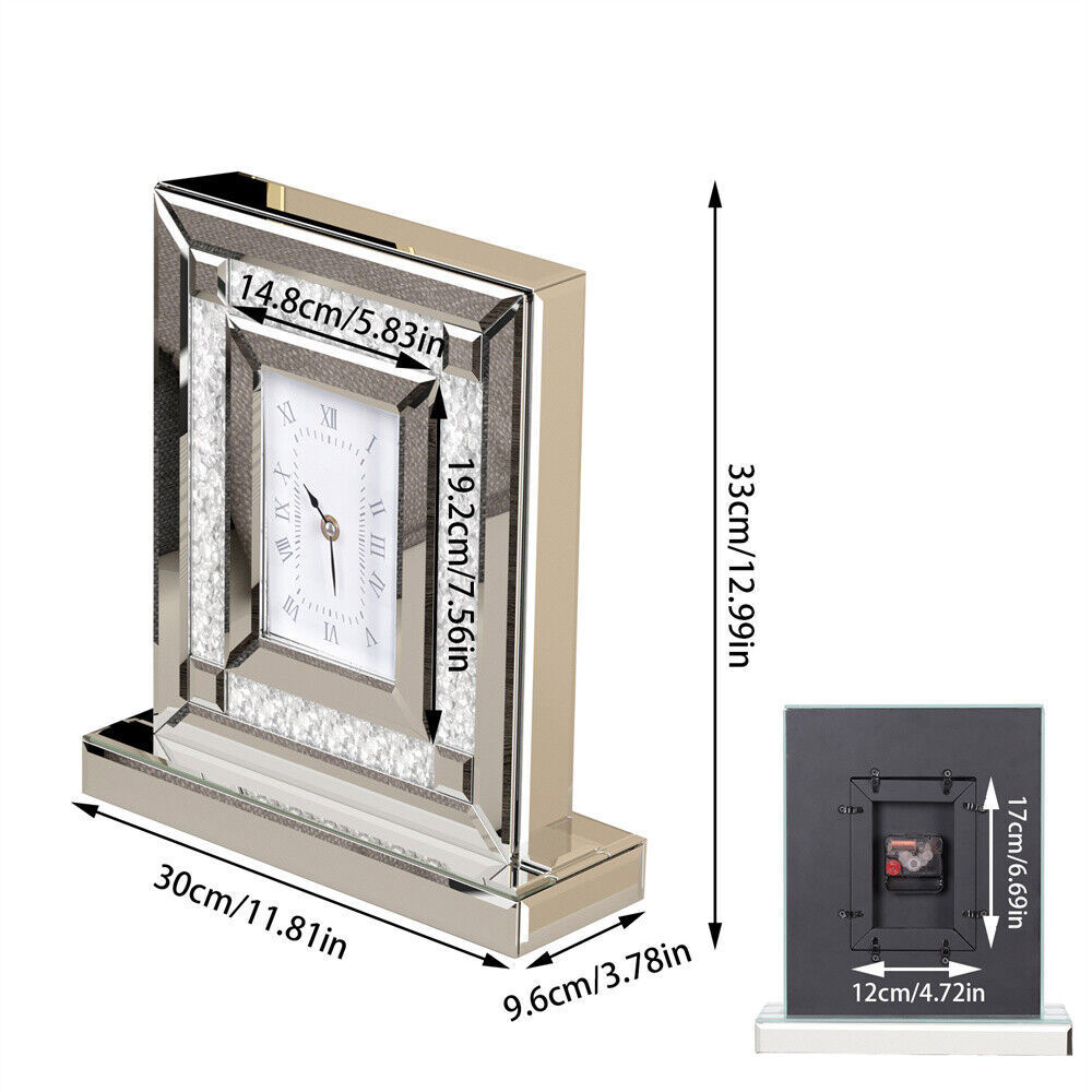 Luxury Mirror Desk Clock Crushed Diamond Table Clock Silver Glass Edge Frame
