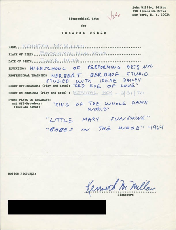 KENNETH McMILLAN - AUTOGRAPH RESUME SIGNED