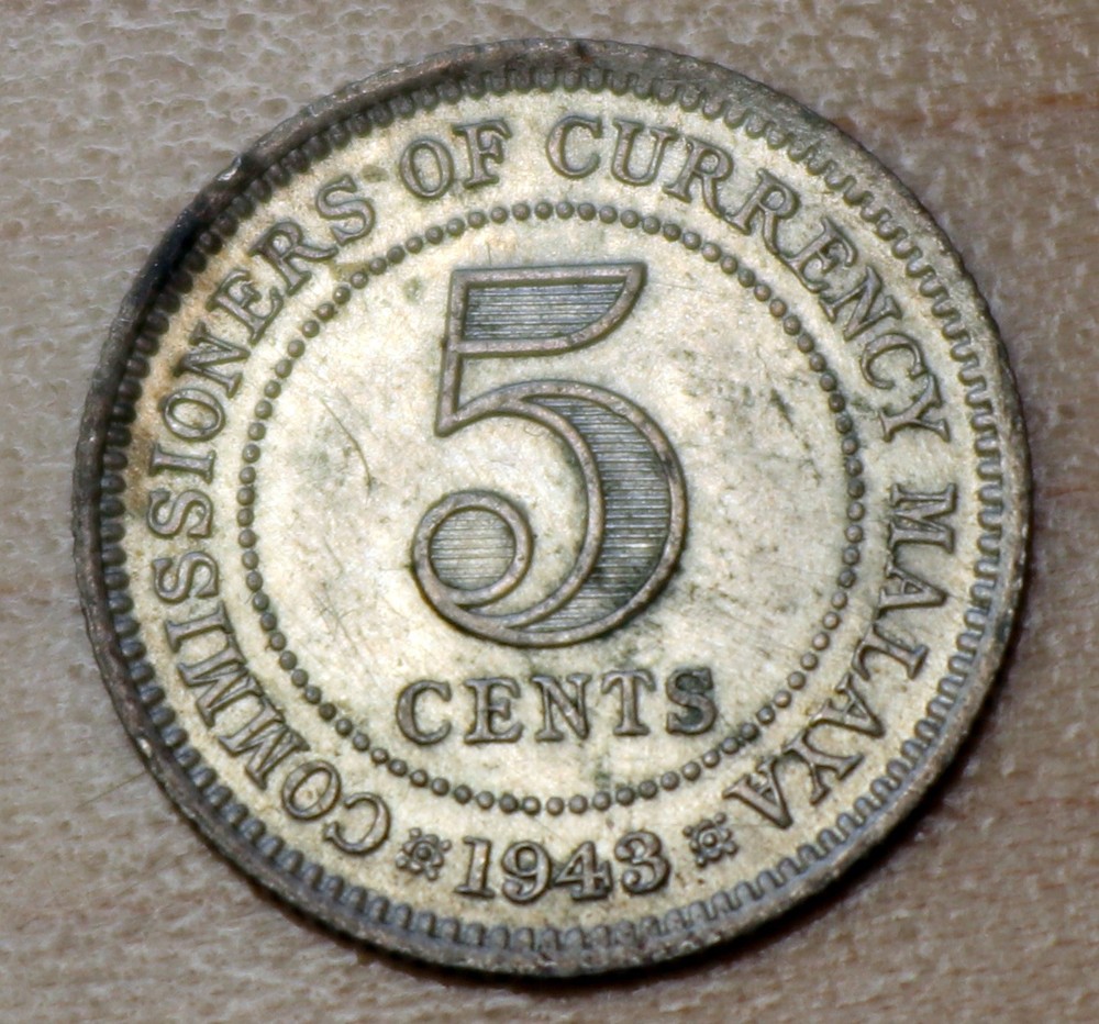 1943 Malaya 5 Cents Silver