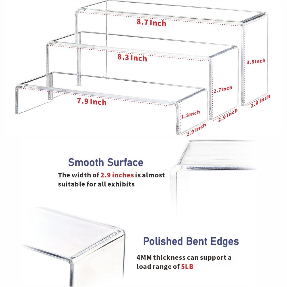 Yieach Large Clear Acrylic Risers Display Stands,3 Pcs Rectangular clear