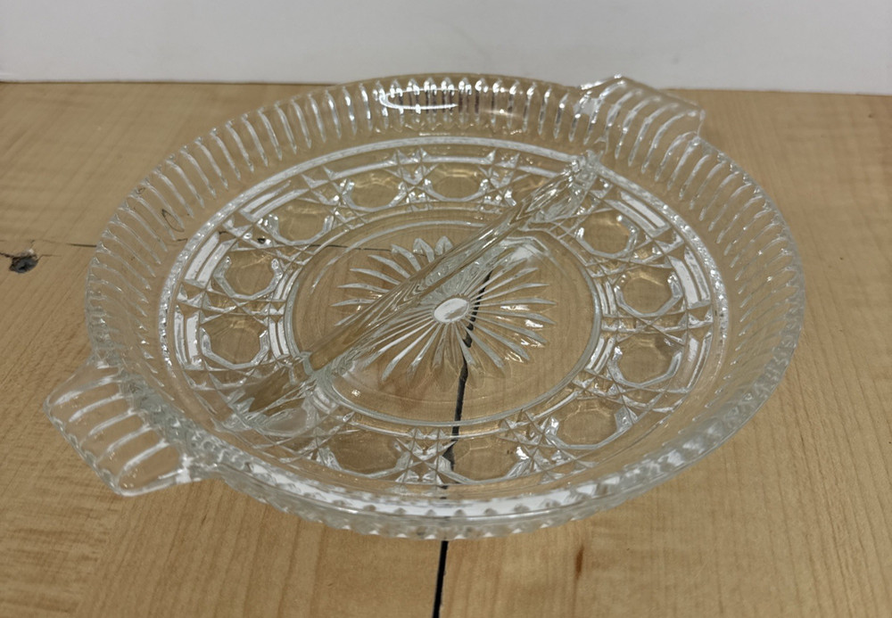 Vintage Glass Divided Serving Dish 7.5in Decorative Pressed Pattern