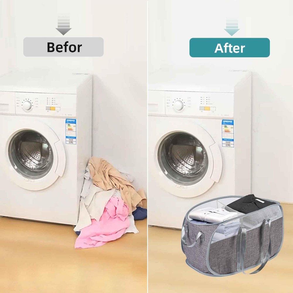 Collapsible Laundry Baskets, 2 Compartment Pop Up Mesh Hamper Foldable 75L La...