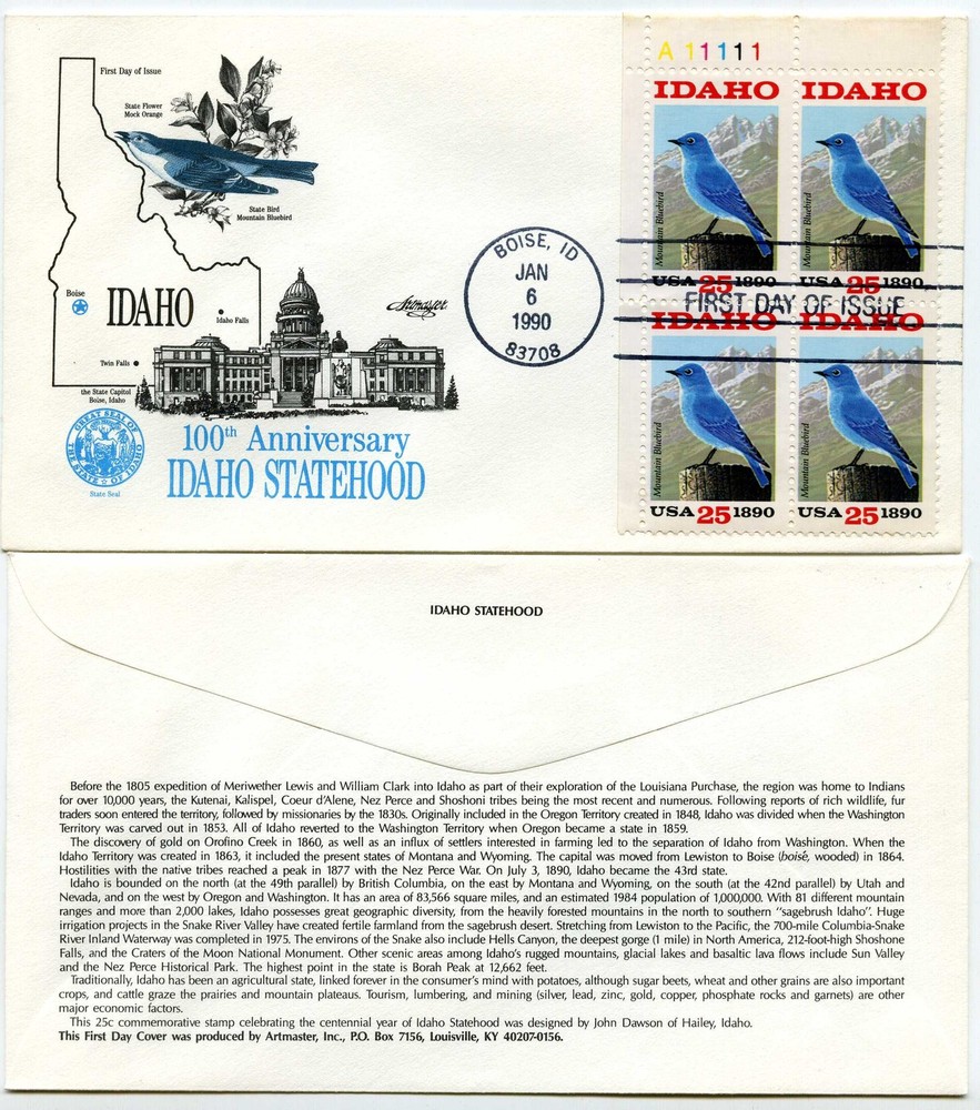 2439 Idaho Statehood  Artmaster, plate block FDC