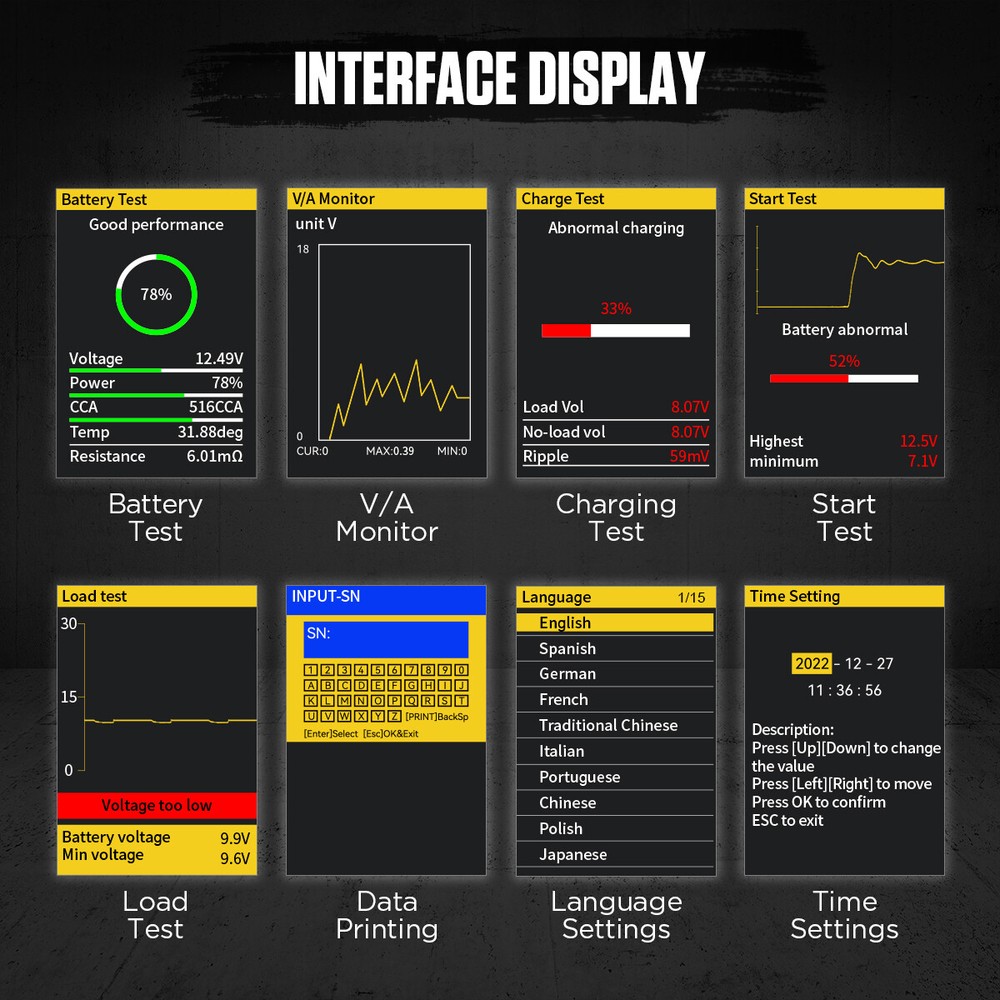 Auto Battery Tester Start Load Leakage Analyzer Data Review 8~30V DC W/ Printer