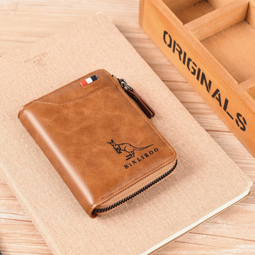 Leather Wallet for Men with zipper, RFID blocking bifold wallets with Separat...
