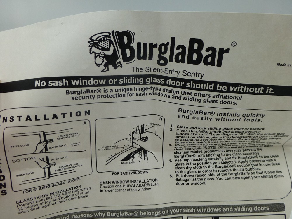 Five BurglaBars for Sash Windows or Sliding Doors, Plus Instructions