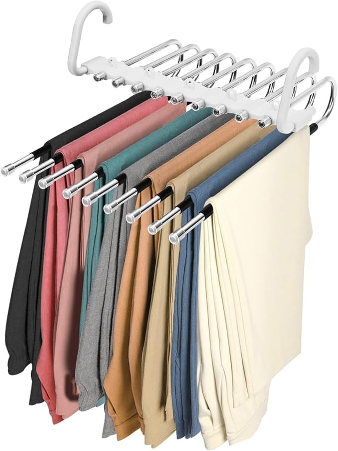 2 Pack 9 Layer Foldable Pants Hangers, White, Space Saving, Multifunctional