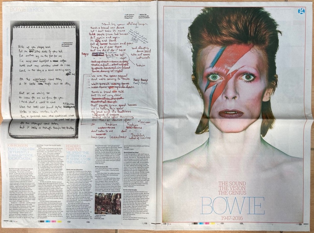DAVID BOWIE, GUARDIAN 12 January 2016, tributes full issue, both sections