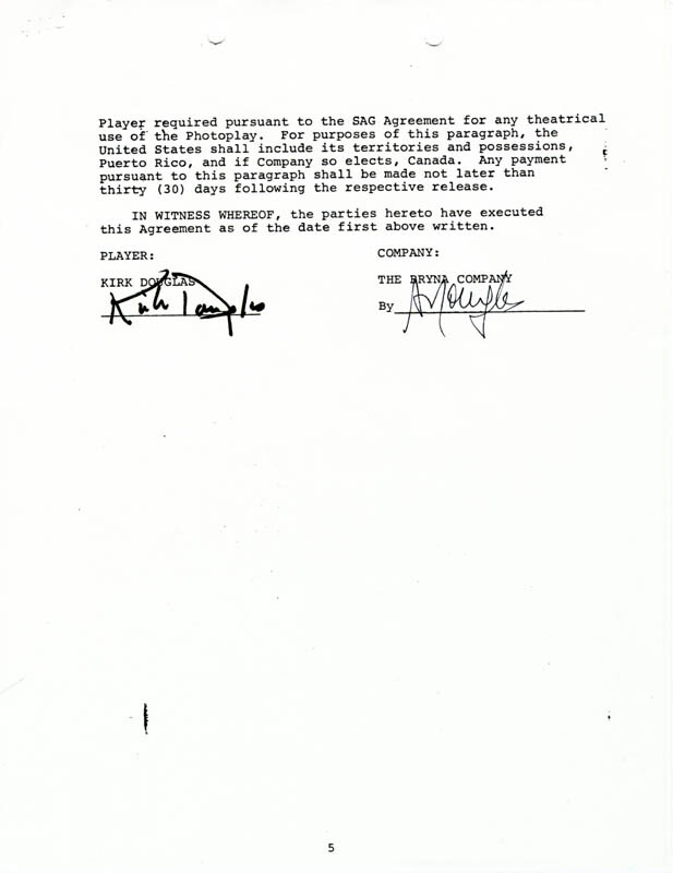 KIRK DOUGLAS - CONTRACT SIGNED 11/26/1984