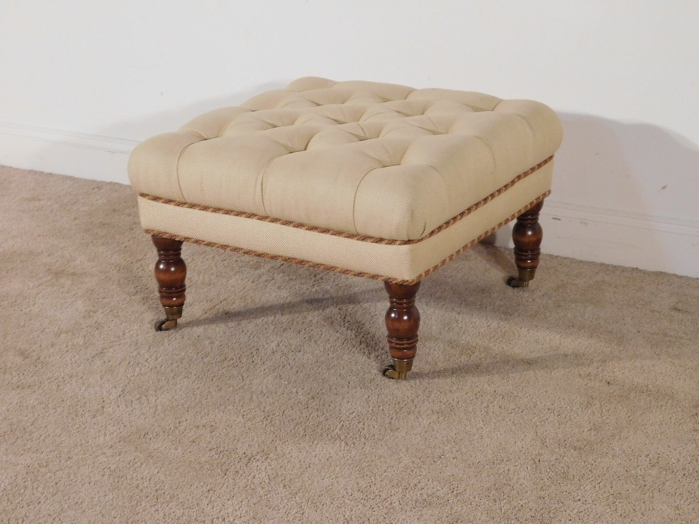 HENREDON Deep Tufted Ottoman Footstool on Heavy Brass Casters