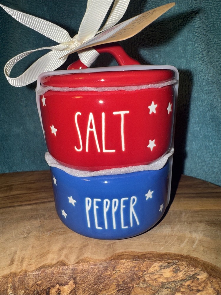Rae Dunn Red & Blue Ceramic Salt & Pepper Set With White Star Pattern- New 2026