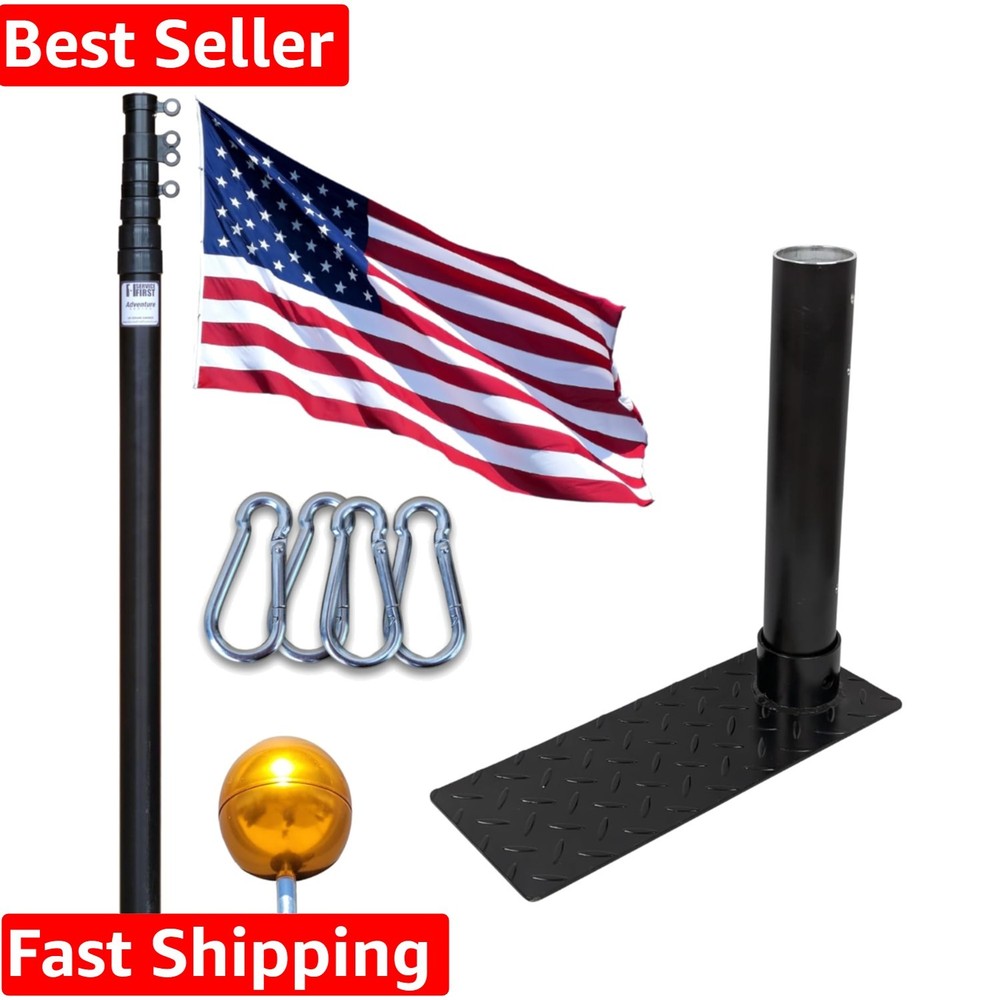 Black Complete Tailgate Flag Pole Package 20FT Black with Stainless Steel Tir...