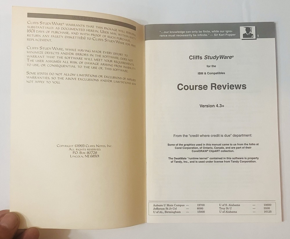 1993 Cliffs StudyWare Course Review User’s Manual, IBM Version Vintage Guidebook