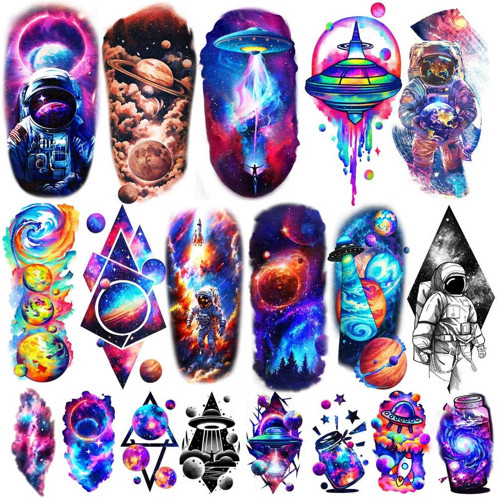 77 Sheets Temporary Tattoo, 17 Sheet Space Planet Medium, Tiny, Colorful
