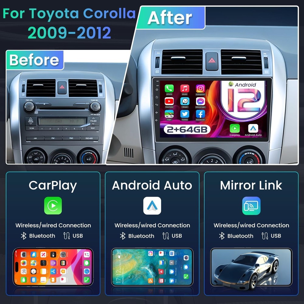 9" Wireless Carplay & Android Auto Stereo for 2009-2013 Toyota Corolla