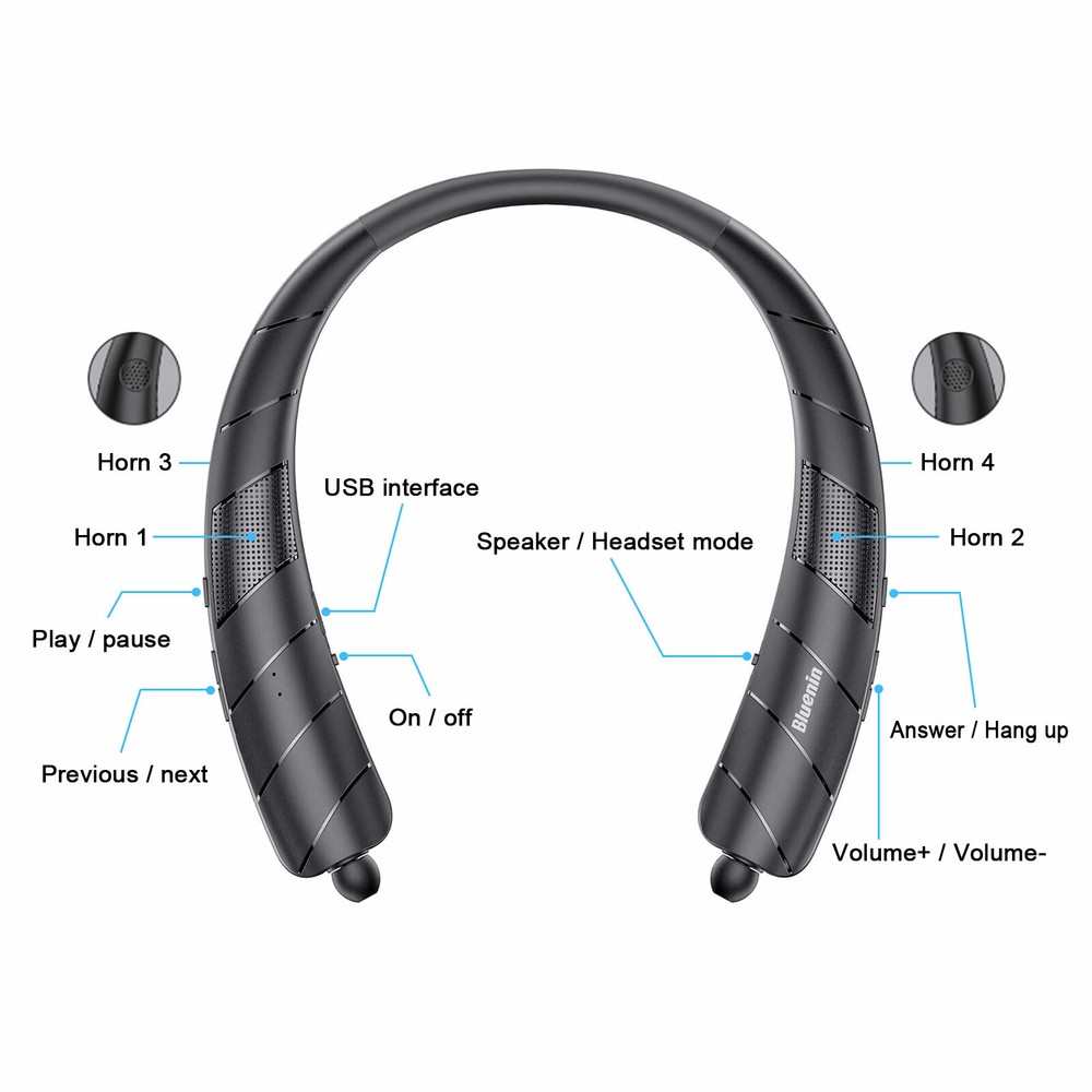 Bluetooth Neckband Mic Headset Stereo Earbud Earphone Speaker Wireless Headphone