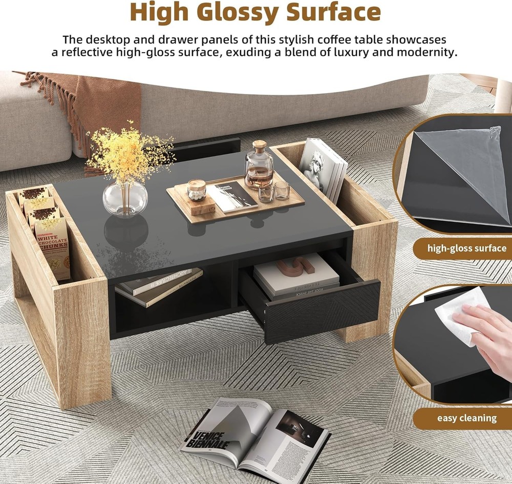 High Gloss Coffee Table 2 Drawers, Two-Tone Rectangle Center Table with Storage