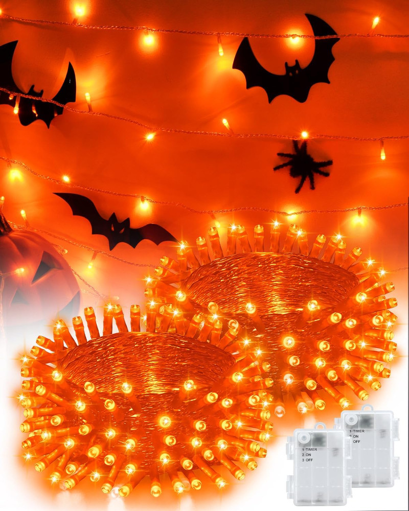 Halloween String Lights Battery Operated, Orange Lights for with Timer Waterproo