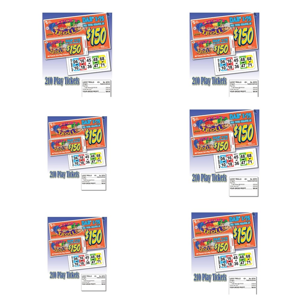 Pull Tab Ticket - Hard Card - Game- 6 Pack - Lucky Trolls - 210 ct ea
