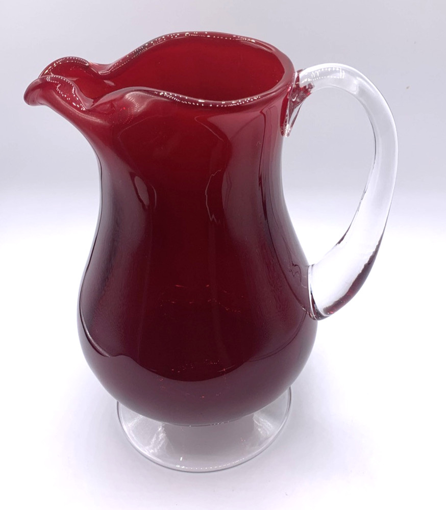 Vtg Polish? Thick Ruby Red Clear Handle Base Glass Water Punch Pitcher 10 " READ