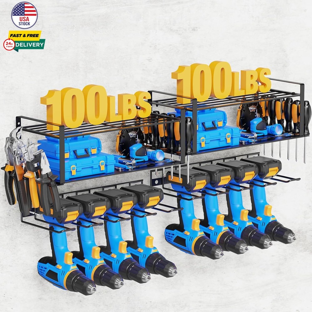 2 Pack Power Tool Organizer Wall Mount Tool Storage Garage Rack 8 Drill Holder
