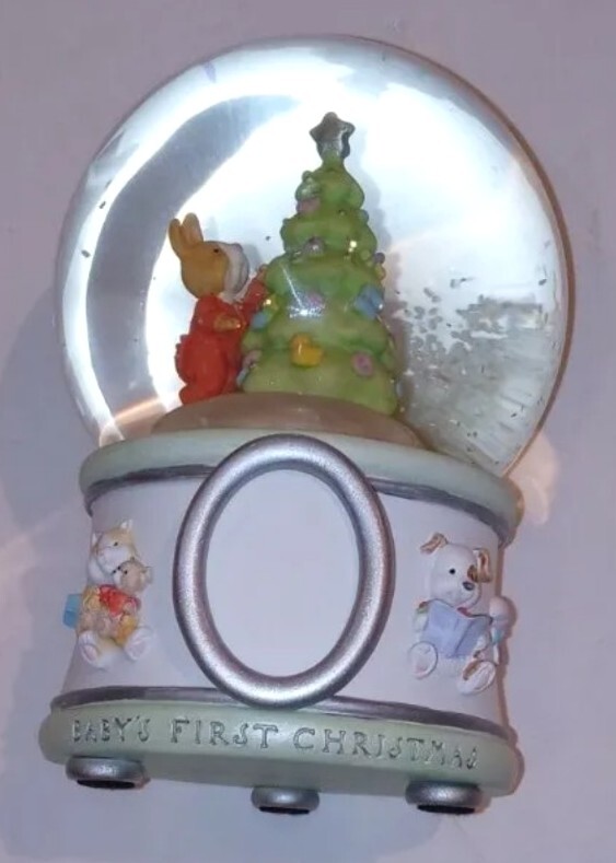 Hallmark Baby's First Christmas Snow Globe Tree & Bunny In PJs W/Oval Frame