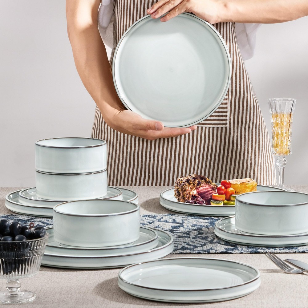 12 Pieces Stoneware Dinnerware Set for 4, Ceramic Dinner Dishware Icy White