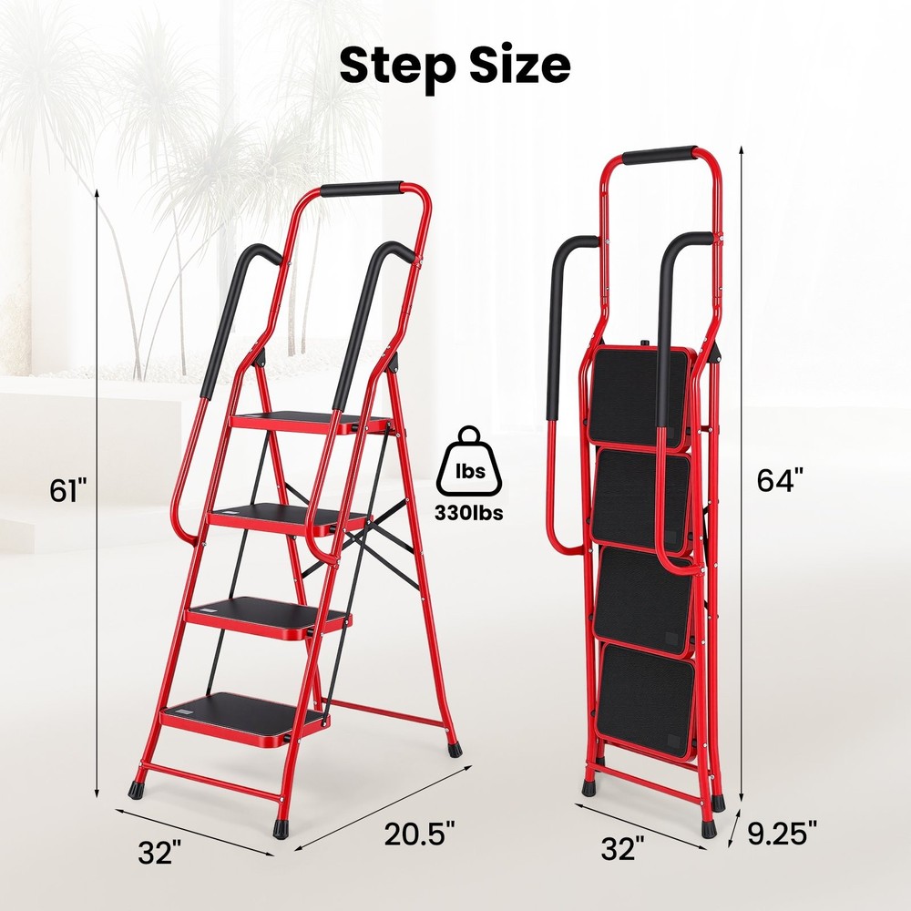 4 Step Ladder with Hankdrails, Folding Step Stool with Safety Lock, Red