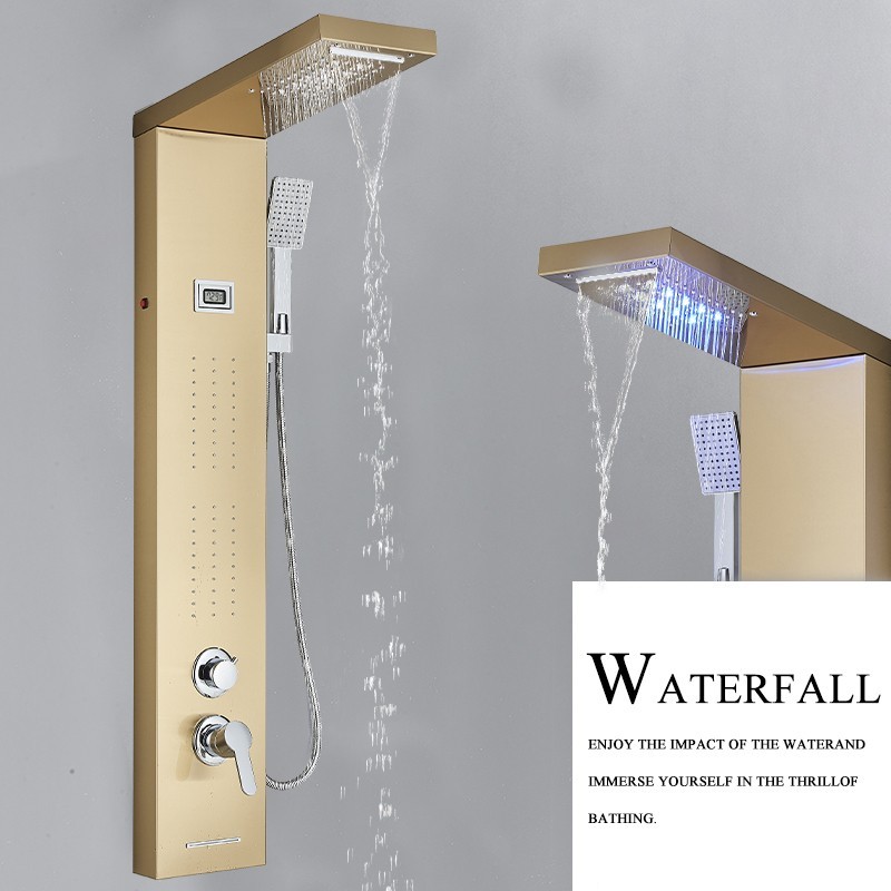 Brushed Gold LED Shower Panel Tower System Rain Waterfall Head Massage Jet Mixer