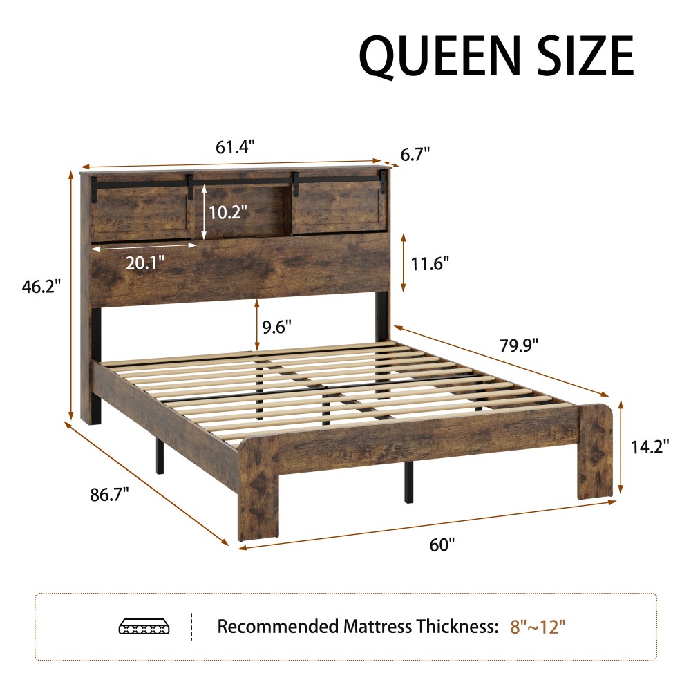 Queen Size Bed Frame w/ USB Headboard & Storage, Dark Brown, Easy Assembly